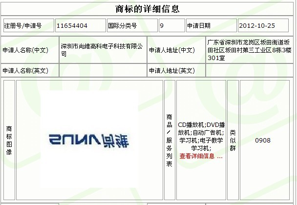 我司尚维SUNV商标 经国家工商行政管理总局商标局审核通过